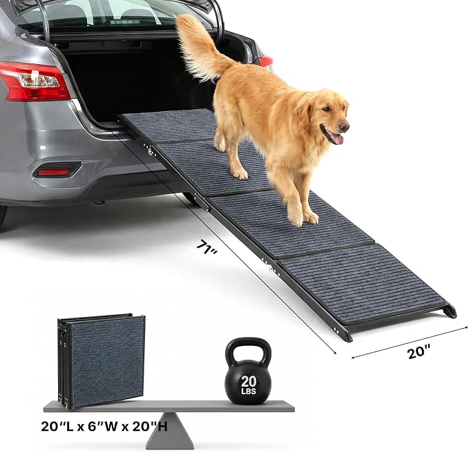 Veehoo Foldable Dog Ramp for Car Truck SUV Extra Large Wide 71" L 20" W | Outdoor Dog Ramp Heavy Duty for Pickup Trucks Minivan Portable Metal Pet Ramps for Injured Senior Dogs, Support up to 150lbs