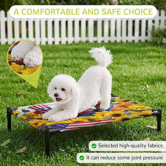 Outdoor Elevated Dog Bed for Large Dogs, Sunflower Independence Day Breathable Cooling Raised Dog Cot for Indoor/Outdoor, 4th of July Rooster Wooden Waterproof Elevated Pet Beds, L 28 x 22 in