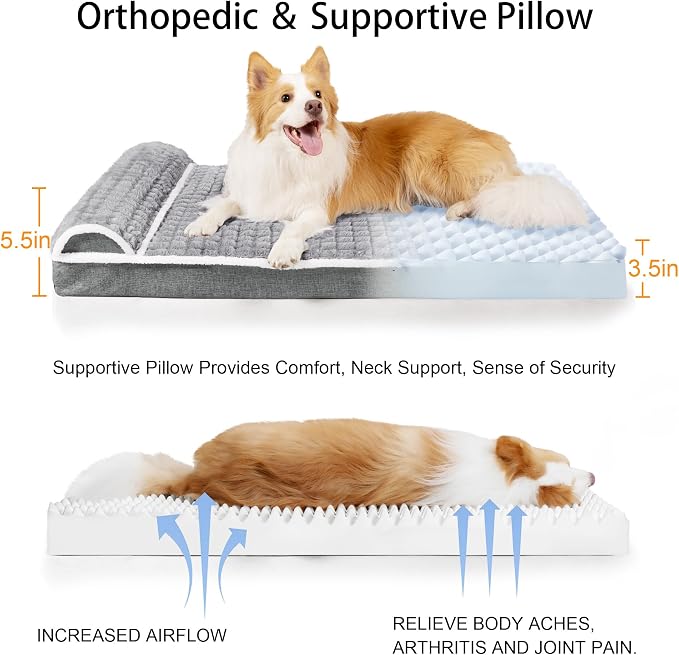Orthopedic Large Dog Bed Pillow Pet Sofa Bed 48''X30'' Grey | Egg-Crate Foam Pet Couch Large Sized Dog, Waterproof Removable Washable Cover,Furry Puppy Crate Mat With Nonskid Bottom