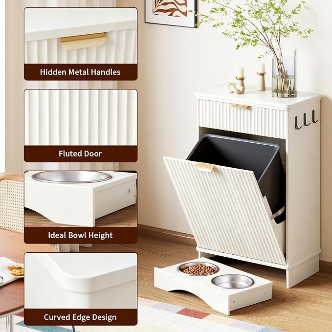 Dog Feeding Station,Dog Food Storage Cabinet,Pet Feeding Station with 2 Elevated Bowls,Hidden Pet Feeder Station with Hooks (Tilt-Out Dog Feeding Station-White)