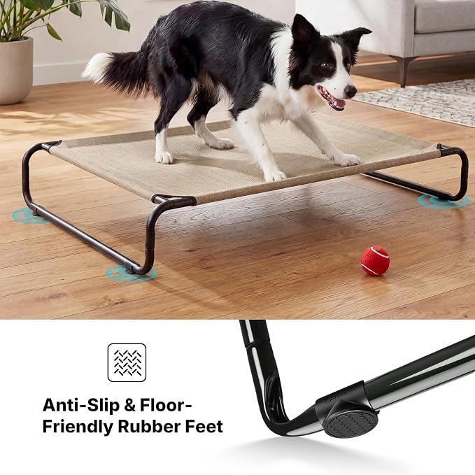 Veehoo Cooling Elevated Dog Bed, Outdoor Raised Dog Bed for Large Dogs | Dog Cot with Thickened Frame, Durable Teslin Mesh & Anti-Slip Rubber Feet, Pet Hammock for Indoor or Camping, 45", Beige