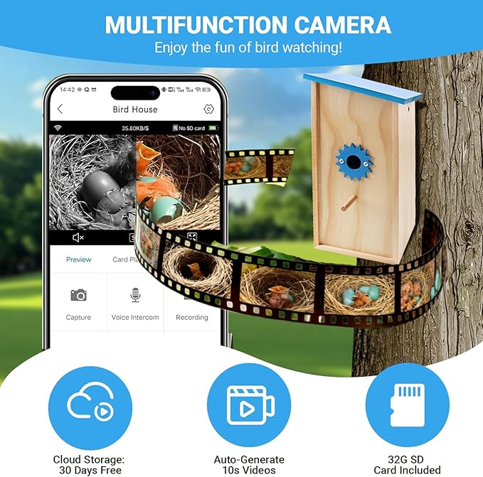 Smart Bird House with Camera Solar Powered, Birdhouse with 1080P HD Camera Wireless, Auto Capture Bird Videos & Motion Detection and App Notify, Wooden Birdhouses for Bluebirds and Sparrows