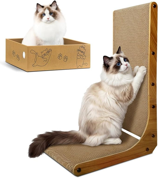 Cat Scratcher, 26 inch L Shape Cat Scratching Pad for Indoor Cats, Durable Sustainable Cardboard Scratcher with Box, Recyclable Vertical Cat Scratch Pad to Protect Furniture, Large