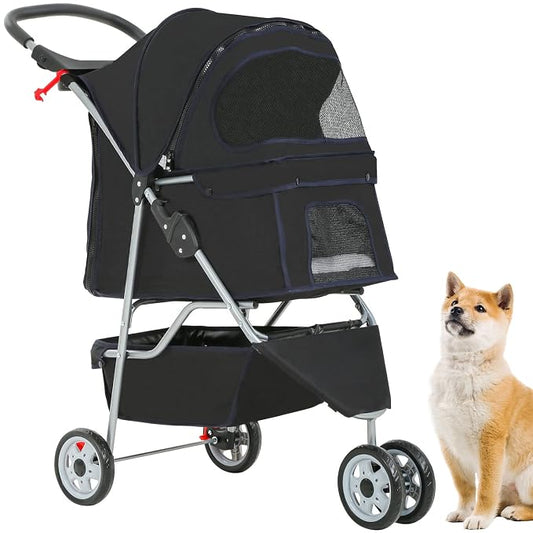 BestPet 3 Wheels Pet Dog Stroller Cat Cage Jogger Stroller Cats Travel Folding Carrier Waterproof with Cup Holder & Removable Liner,Black