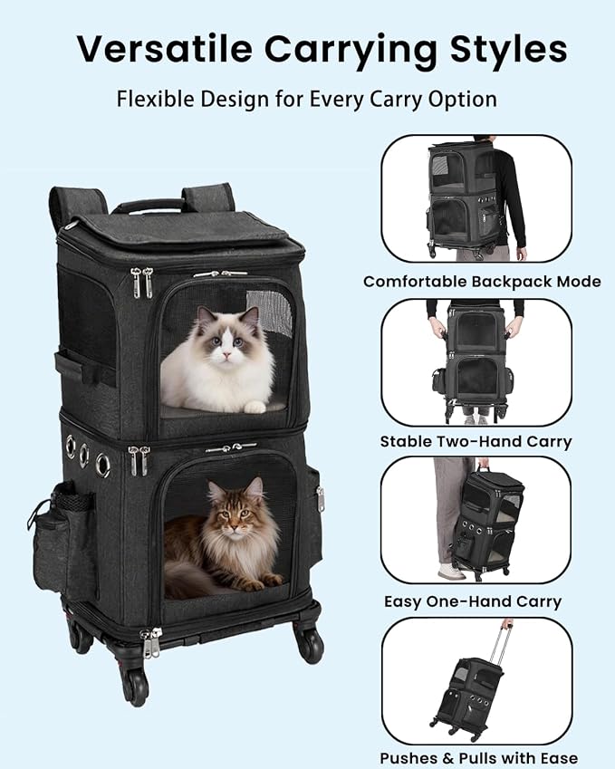 HOVONO Double-Compartment Cat Carrier Backpack with Wheels for Two Pets | Pet Rolling Carrier for Smalls Cat and Dogs, Perfect for Traveling / Walking/ Vet, Up to 12 lbs each, Black