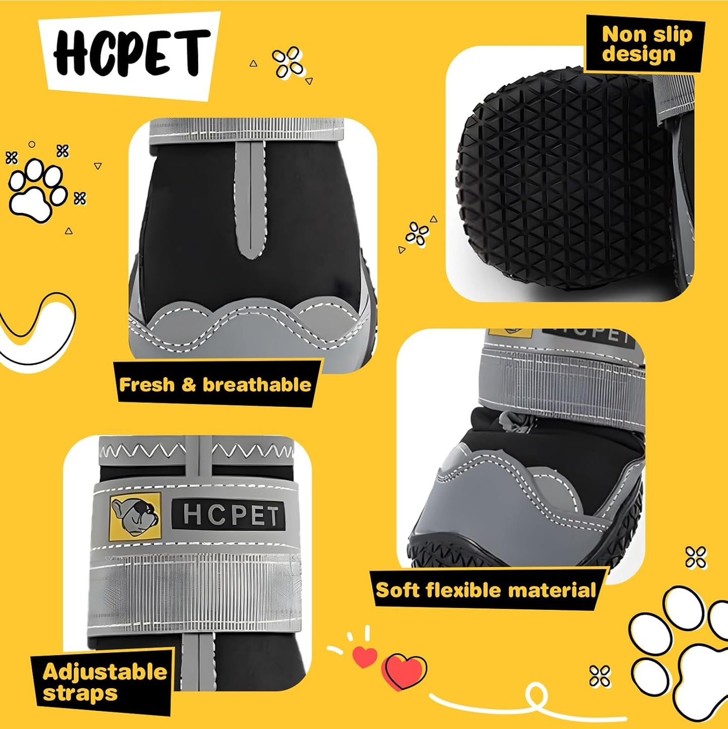Hcpet Dog Shoes for Large Dogs, Waterproof Dog Booties for Small Medium Dogs, Anti-Slip Dog Boots & Paw Protectors for Hot Pavement Winter Snow Hiking with Reflective Straps Black Size 4