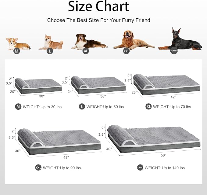 Orthopedic Large Dog Bed Pillow Pet Sofa Bed 56''X40'' Grey | Egg-Crate Foam Pet Couch Large Sized Dog, Waterproof Removable Washable Cover,Furry Puppy Crate Mat With Nonskid Bottom