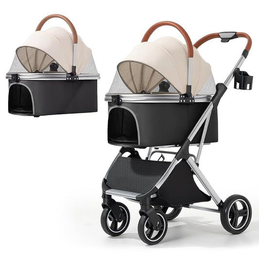 Dog Strollers for Small Medium Dogs Cats 44 lbs,3-in-1 Detachable Pet Carrier Stroller,4 Wheels One-Hand Fold Travel Carriage with Storage Basket,Pet Pad,Cup Holder,Khaki