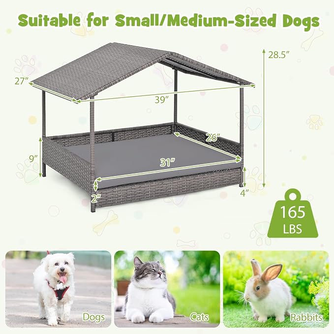 Giantex Outdoor Wicker Dog House with Roof Canopy, Elevated Rattan Dog Bed with Washable Cushion, Weatherproof Patio Pet Bed for Small Medium Dogs, Heavy Duty Metal Frame, 165 lbs, Gray