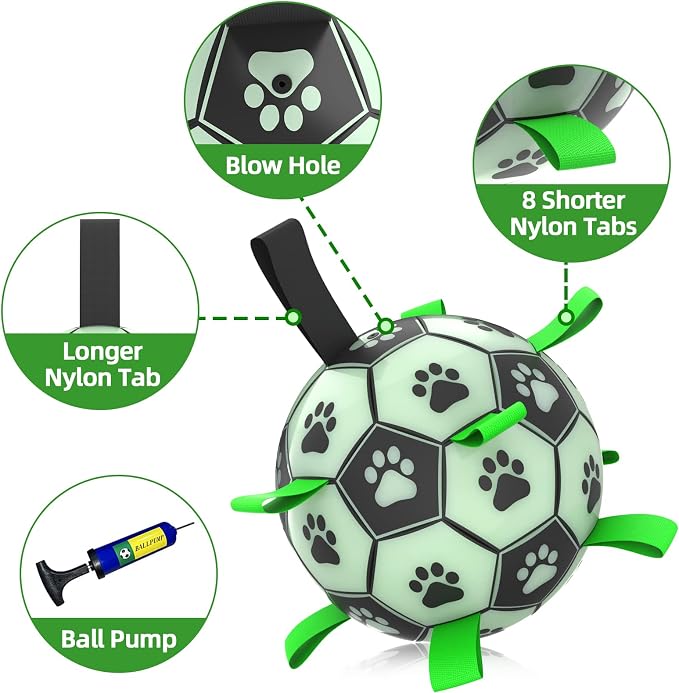 Glow in The Dark Dog Toys, 8'' Dog Soccer Ball with Straps Upgraded Interactive Light Up Dog Toys, World Cup Dogs Football, Outdoor Tug Toys for Medium & Large Dogs Birthday Gifts(8 Inch-Large)