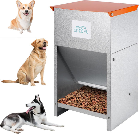 Dog Feeder - Galvanized Metal Pet Food Station for Indoor & Outdoor Use - Automatic Gravity-Fed Dispenser Suitable for Small, Medium, and Large Dog Breeds - Capacity: 25 Pounds of Dry Kibble