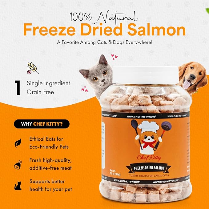 Freeze Dried Salmon Cat Treats | 100% Wild Caught Salmon Dog Treats, Grain- Free | High Protein, Single Ingredient Cat & Dog Food Toppers | No Additives or Preservatives | Tested in USA | 2.6 oz