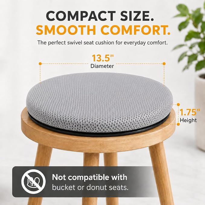 Sojoy iGelComfort Deluxe Gel Swivel Seat Cushion with Supportive Memory Foam 360 Degrees Rotating Seat Cushion for Home,Stool Chair,Office (Gray, 13.5 * 13.5 * 1.75 - Mesh)