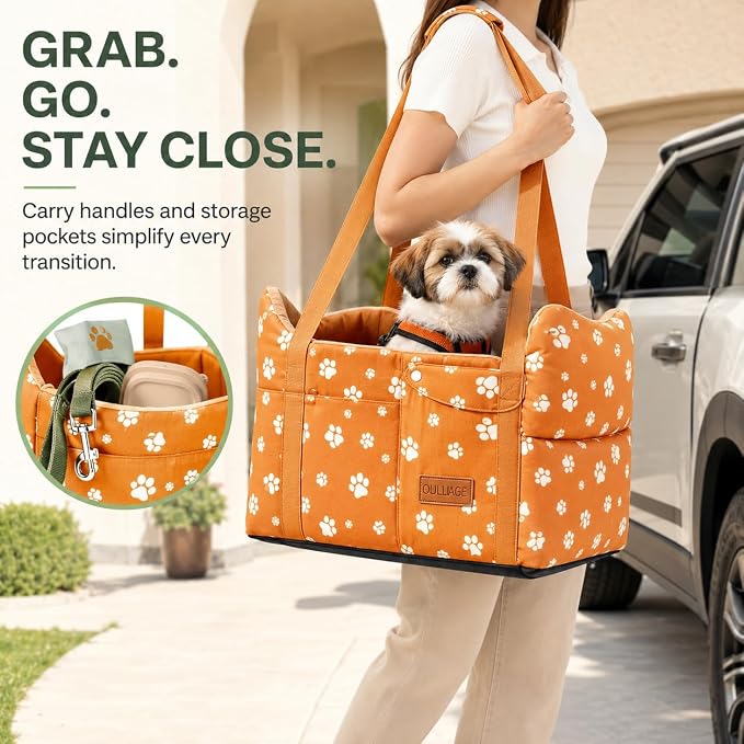 Center Console Dog Car Seat for Medium Dogs, Orange | Portable Armrest Booster With Soft Cushion Safety Belt, Up To 21 Lbs
