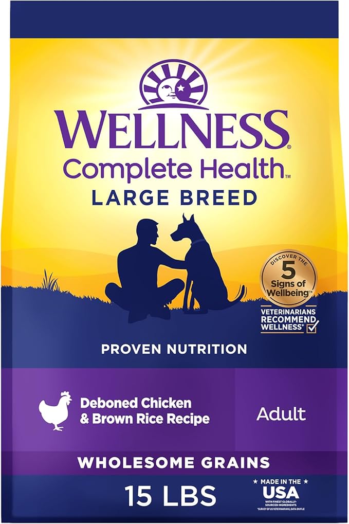 Wellness Complete Health Large Breed Dry Dog Food with Grains, Natural Ingredients, Made in USA with Real Meat (Adult, Chicken & Rice, 15-Pound Bag)