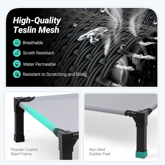 Elevated Outdoor Dog Bed, Raised Dog Bed with Steel Framed 42in | Cooling Elevated Pet Cot with Non-Slip Feet, and Waterproof, Washable, Breathable Teslin Mesh
