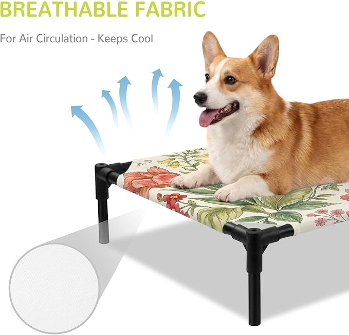 Outdoor Elevated Dog Bed for Medium Dogs, Botanical Tulip Breathable Cooling Raised Dog Cot for Indoor/Outdoor, Farmhouse Vines Floral Summer Plants Waterproof Elevated Pet Beds, M 24 x 20 in
