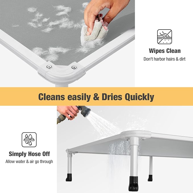 Veehoo Chew Proof Elevated Dog Bed, Cooling Raised Pet Cot, Silver Aluminum | Indestructible Dog Bed with Durable Textilene Mesh Fabric, No-Slip Feet for Indoor or Outdoor Use, 32", Medium, Grey