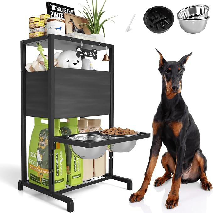 Elevated Dog Bowls: Height Adjustable Raised Dog Stand (4.5'' to 12'') 2 * 1700ml Stainless Steel Bowls + Slow Feeder, Feeding Station w/Storage Organizer & Toy Basket for Medium/Large Breeds