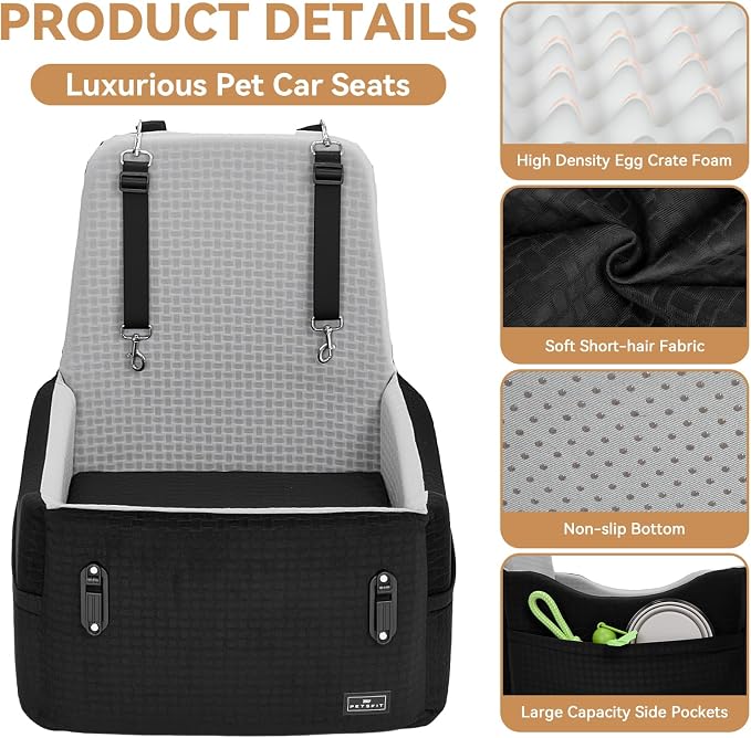 PETSFIT Dog Car Seat with Patented Safety System, 5" Elevated Cushion | Fully Detachable Washable Cover, Memory Foam Dog Booster Seat for Small/Medium Dogs Up to 35 Lbs, Front/Back Seat Travel