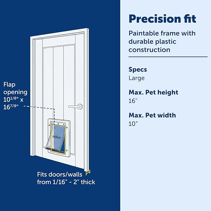 PetSafe Plastic Dog & Cat Door, Paintable Frame, Pets up to 100 lbs, Large | Snap-On Closing Panel, Fits Interior/Exterior Doors 1/16-2 in Thick, Easy DIY Install