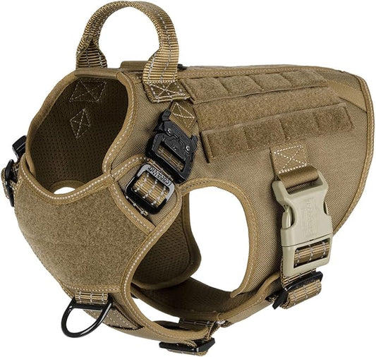 ICEFANG Tactical Dog Harness for Medium Dogs,Reflective No Pull Dog Vest | with Control Handle,Adjustable,Front Hook,2 Leash Clips,Soft Padded,MOLLE Panel,Brown,Medium