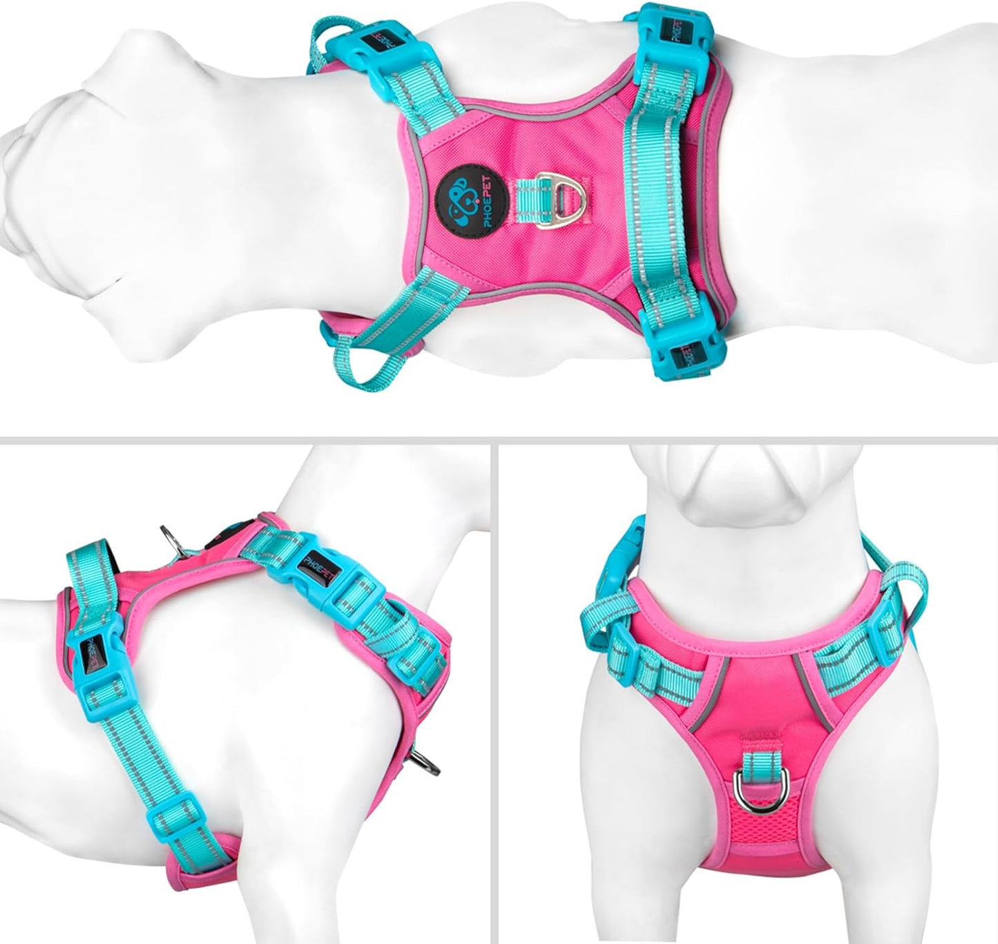 PHOEPET No Pull Dog Harness, Unique Colors Reflective Adjustable Dog Vest, with Soft Training Handle Metal Clips for Small Medium Large Dogs (Pink Base & Green Straps,XL)
