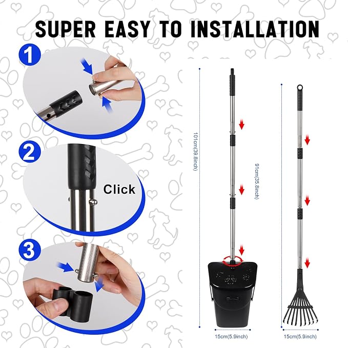Dog Poop Scooper with 20 Bag Attachment Long Handle Swivel Bin, Rake Heavy Duty Pooper Scooper for Large Medium Dogs Easy to Clean Pet Accessory Pet Waste Removal Solution for Yard, Grass, Gravel