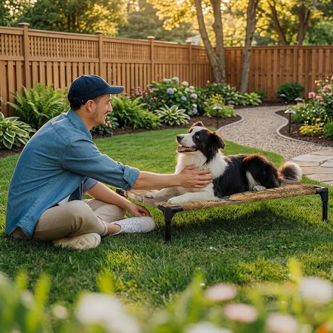 Outdoor Elevated Dog Bed for Medium Dogs, Brown Deer Birds Breathable Cooling Raised Dog Cot for Indoor/Outdoor, Autumn Forest Trees Grass Natural Scenery Waterproof Elevated Pet Beds, M 24 x 20 in