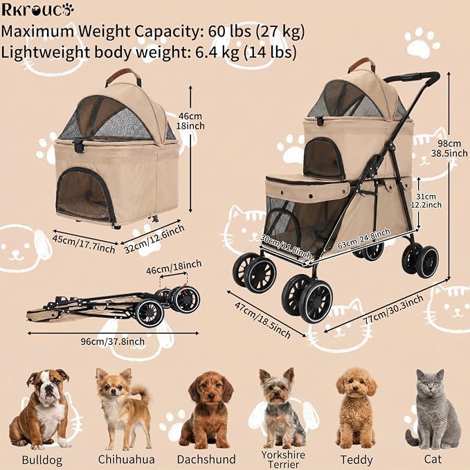 Foldable Double Pets Stroller for Dog Portable Cat Strollers for Small Medium Pet with One Detachable Carrier Flexible Lockable Wheels Lightweight Dogs Jogger (Khaki)