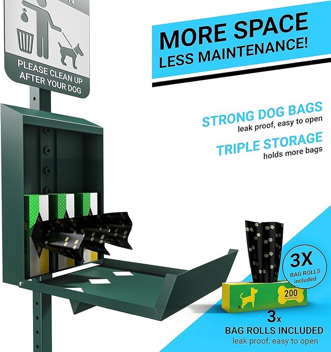 Flash Furniture Pet Waste Station with Glow in The Dark Sign, Green | Bag Dispenser, Hand Sanitizer Bottle, Trash Can with Lid, Includes 600 Roll Bags & 50 Can Liners, Commercial Use