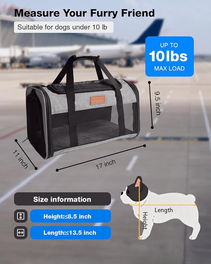 Pet Carrier Airline Approved for Pets Up to 10 Lb, 17x11x9.5 in | Underseat, Top & Side Entry Soft Dog Cat Travel Carrier with Safety Zippers & Anti-Scratch Mesh for Small Cat and Dog, Grey
