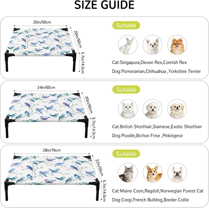 Outdoor Elevated Dog Bed for Small Dogs, Cute Birds Ombre Blue Breathable Cooling Raised Dog Cot for Indoor/Outdoor, Spring Country Animals Branches Waterproof Elevated Pet Beds, S 20 x 20 in