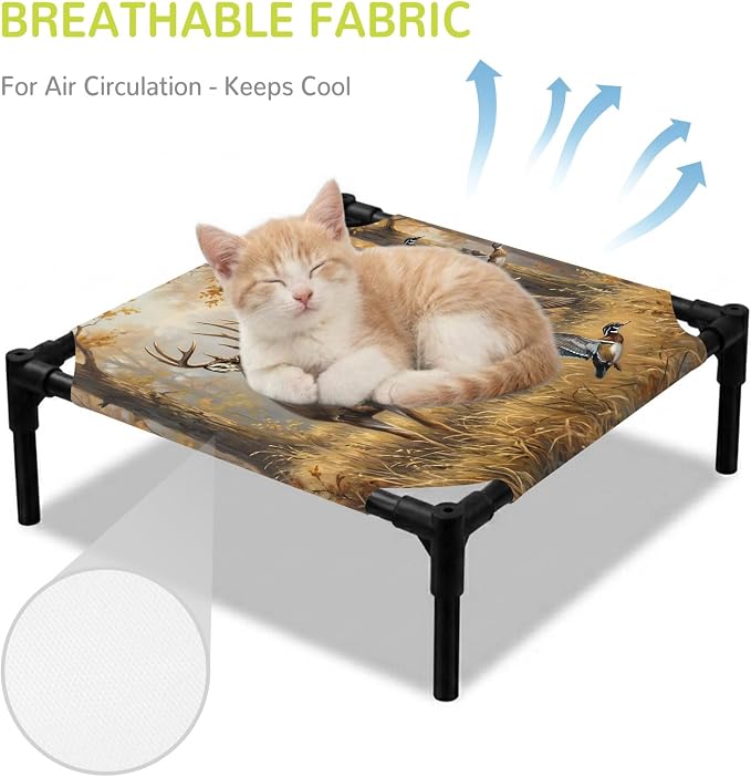 Outdoor Elevated Dog Bed for Small Dogs, Brown Deer Birds Breathable Cooling Raised Dog Cot for Indoor/Outdoor, Autumn Forest Trees Grass Natural Scenery Waterproof Elevated Pet Beds, S 20 x 20 in