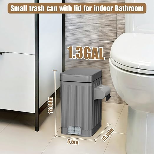 Dog Poop Trash Can for Outside & Indoor, 5L/1.3Gal Small Pet Waste Bin with Odor Control Carbon Filter Lid, 2-Way Open (Step & Press Top), Dog Waste Container with Bag Holder, Grey