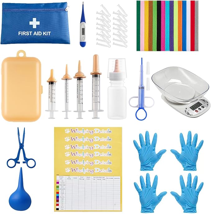 52pcs Puppy Whelping Supplies,Whelping kit,Puppies Birth,Kitten Dog Supplies,Puppy kit,Bottle Feeding kit for Newborn Puppy, Puppy Whelping Collars,Tube,Cord Clamps,Gloves,Digital Thermometer Scale