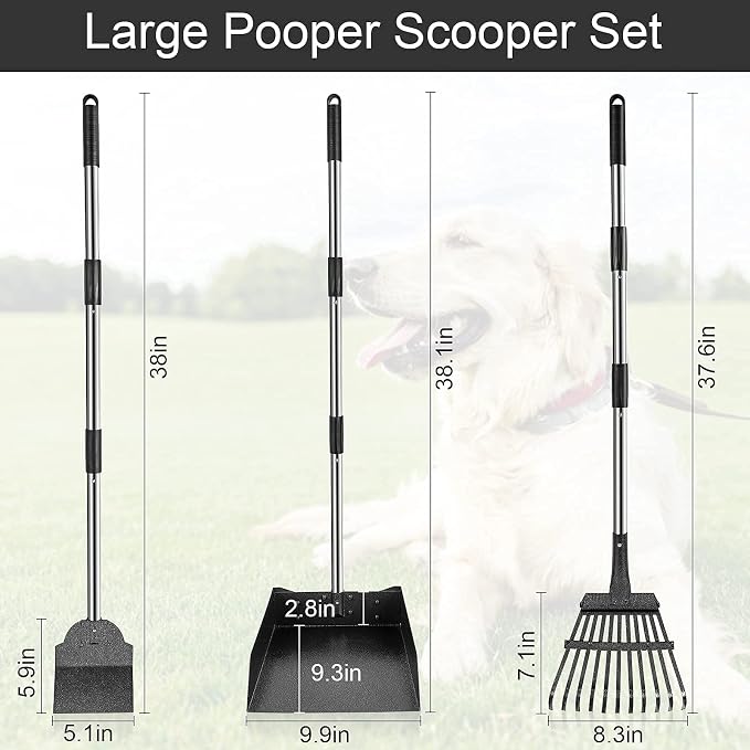 Petrip Large Pooper Scooper, Detachable Long Handle Poop Scooper for Large Medium Dog, Metal Dog Pooper Scooper with Rake Tray Spade, Easy Pick Up, Suitable for Lawn, Soil and Gravel