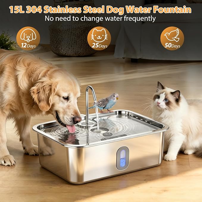 Dog Water Fountion for Large Dogs,15L/4 Gal Stainless Steel Automatic Pet Water Dispenser,Ultra Quiet Dog Fountain Water Bowl with Water Level Window & LED Light, Include 6Set Filter