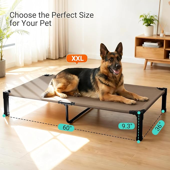 Elevated Outdoor Dog Bed, Raised Dog Bed with Steel Framed 60in | Cooling Elevated Pet Cot with Non-Slip Feet, and Waterproof, Washable, Breathable Teslin Mesh