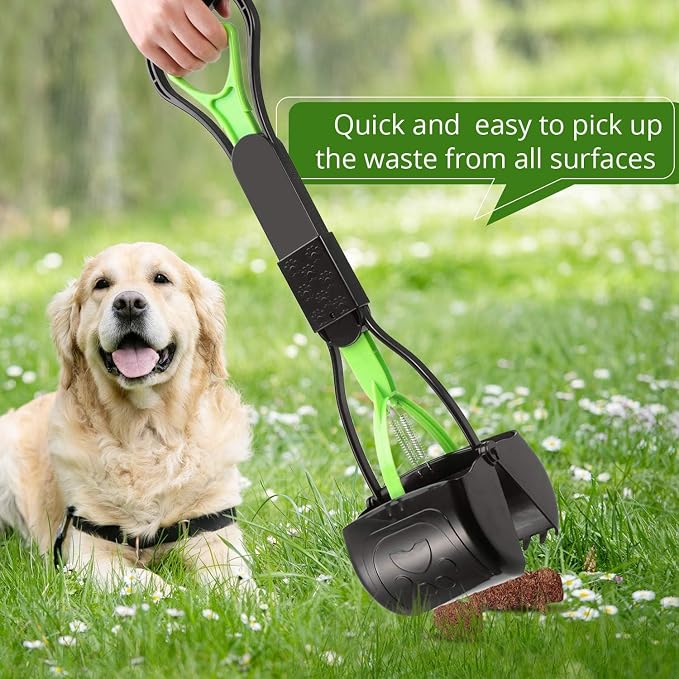 Non-Breakable Pet Pooper Scooper for Dogs and Cats with Long Handle High Strength Material and Durable Spring for Easy Grass and Gravel Pick Up (Green)