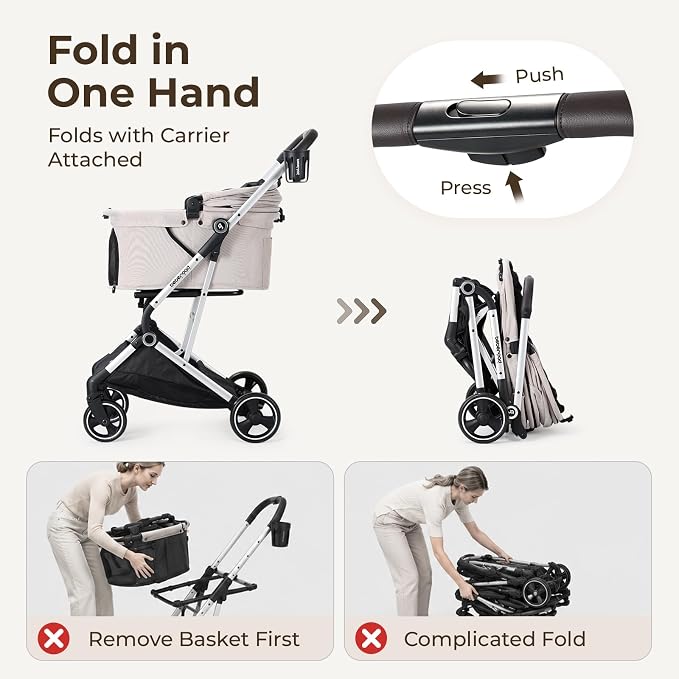 Beberoad Pet Stroller for Small Dogs and Medium Pets 4 Wheel | Aluminum Alloy Frame, All-Terrain Wheels, One Hand Fold Stroller, Lightweight Roomy Cabin