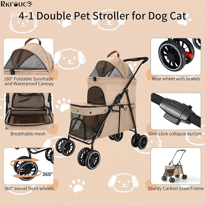 Foldable Double Pets Stroller for Dog Portable Cat Strollers for Small Medium Pet with One Detachable Carrier Flexible Lockable Wheels Lightweight Dogs Jogger (Khaki)