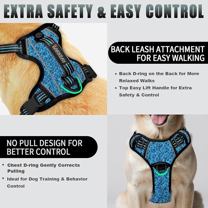 BARKBAY No Pull Dog Harness Large Reflective Dog Harness with Front Clip and Easy Control Handle for Walking Training Running with ID tag Pocket(Blue/Black,XL)