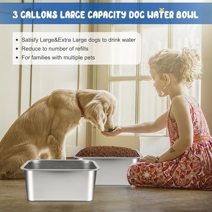 Bwogue Extra Large Dog Water Bowl, 3 Gallons, Stainless Steel, Durable, High Capacity, Rectangular Structure, Strong Stability, Easy to Clean | 2 PCS Large Dog Water Bowl, Large Water Bowl for Dogs, Wide Deep Bowl, Rectangular Shape, Easy to Clean, Ind...