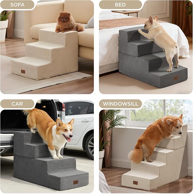 Joydeco Dog Stairs for Bed 15" H, 3-Step Pet Steps for Small Dogs and Cats, Dog Steps for High Bed, Non-Slip Balanced Ramp Indoor Pet Stairs, Gray