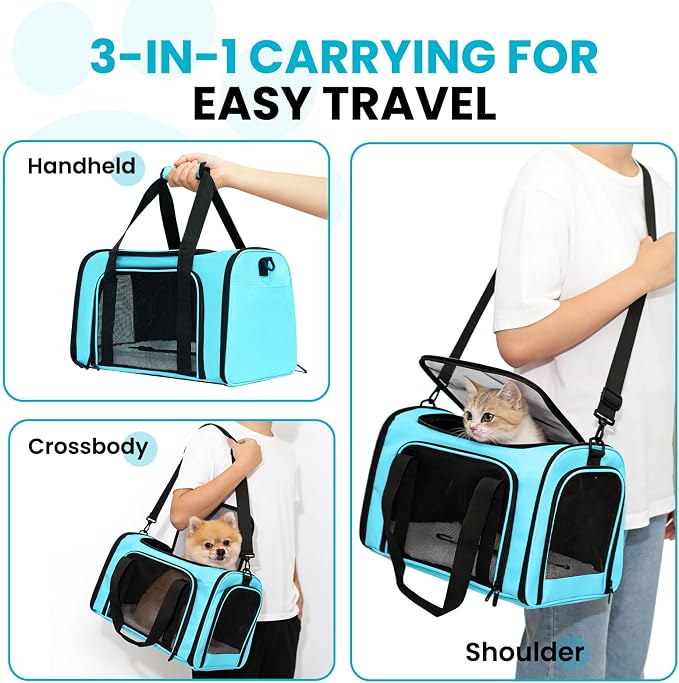 Soft-Sided Cat Carrier Expandable Pet Carrier Airline Approved Mesh Travel Carrier Up to 22lbs for Cats Small Dogs Collapsible Escape-Proof with Shoulder Strap Washable (20x13x13 Blue)