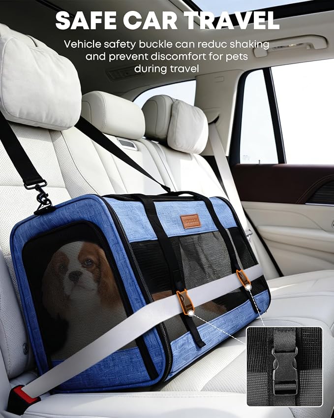 Foldable Cat Dog Carrier for Pets up to 15 Lb, Blue | Top & Side Entry, Soft-Sided Pet Carrier with Ventilated Anti-Scratch Mesh & Car Seat Buckle for Car Travel, 20×13×13 in