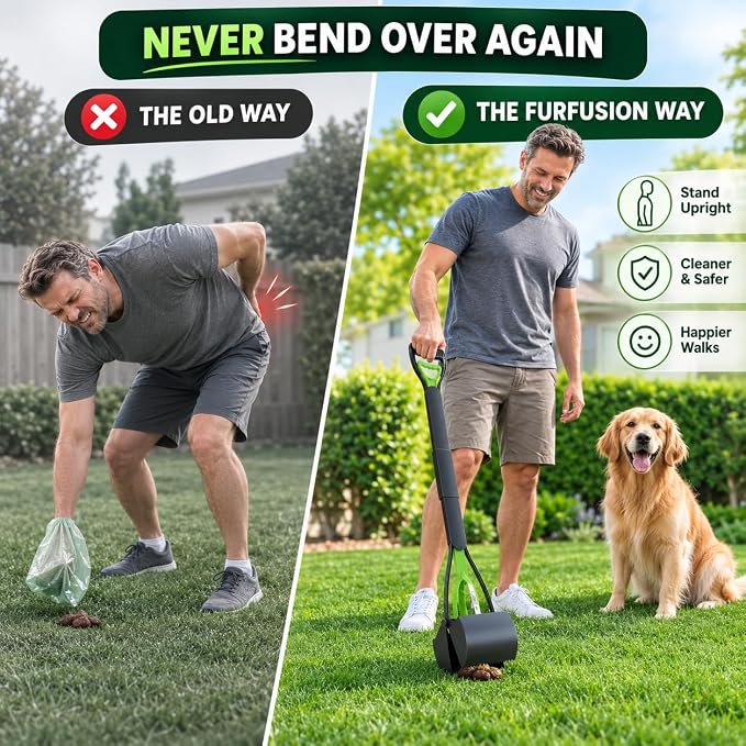 Furfusion Pooper Scooper for Large Dogs – 32" Long Handle No-Bend Dog Poop Picker Upper with 120 Waste Bags – Heavy Duty Foldable One-Hand Scoop for Grass, Gravel, Yard & Walks