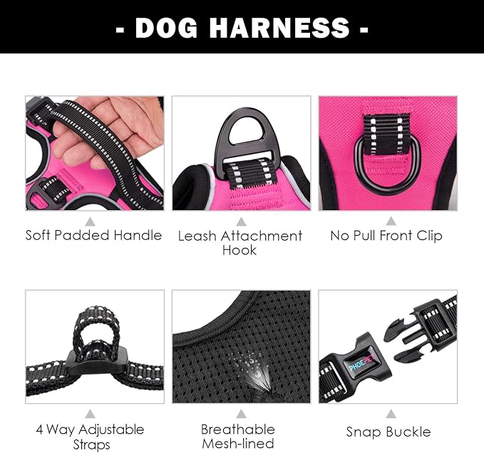 No Pull Dog Harnesses for Small Dogs Reflective Adjustable | Front Clip Vest with Handle 2 Metal Rings 3 Buckles [Easy to Put on & Take off](XS, Pink)