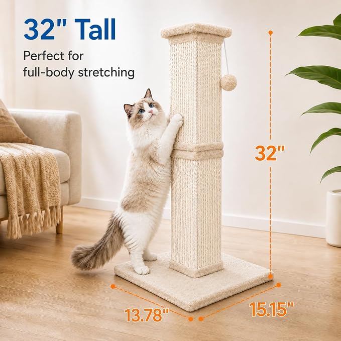 Vertical Cat Scratching Post for Indoor Cats, Sisal Scratch Tower with Soft Plush Base & Dangling Pom Ball, 32'' Tall Cat Scratcher Column for Kittens and Adult Cats, Furniture Protection, Beige